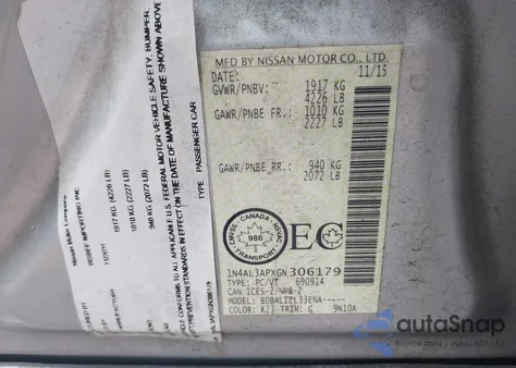 2016 Nissan Altima 2.5/S/Sv/Sl/Sr from USA, damaged, VIN 1N4AL3APXGN306179